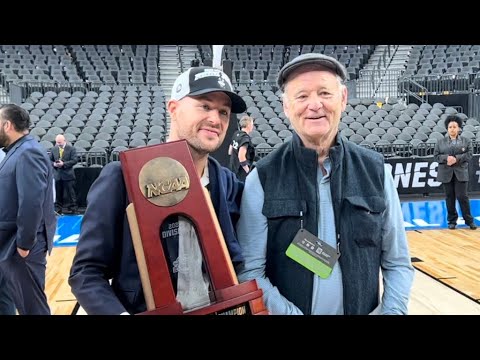 Bill Murray congratulates his son, UConn assistant coach, Luke Murray, on reaching the Final Four.