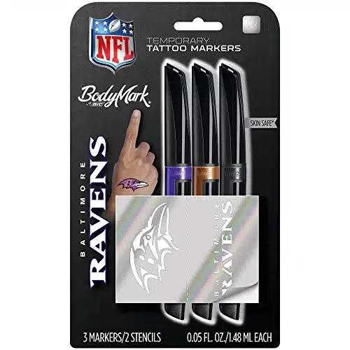 BIC BodyMark, Temporary Tattoo Marker, NFL Series, Baltimore Ravens, Skin Safe, Brush Tip, Assorted Colors, Pack with Stencils by BIC
