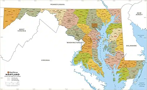 Maryland ZIP Code Map with Counties   Standard   x Laminated