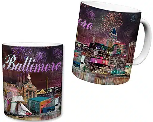 Sweet Gisele  City of Baltimore Mug  Ceramic Coffee Cup  Downtown Charm City Skyline  Inner Harbor Shot at Night  Beautiful Firework Filled Sky Great Novelty Gift  Fl. Oz