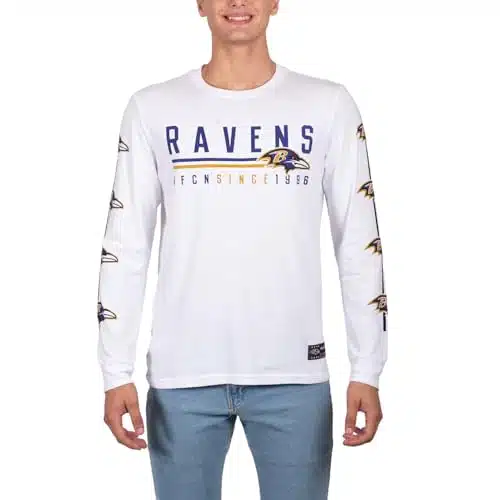 Ultra Game NFL Men's Super Soft Supreme Long Sleeve T Shirt, Baltimore Ravens, White Updated, Small