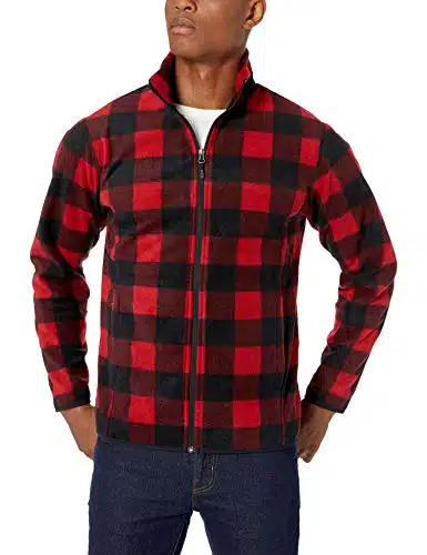 Amazon Essentials Men's Full Zip Fleece Jacket (Available in Big & Tall), Black Red Buffalo Plaid, Large