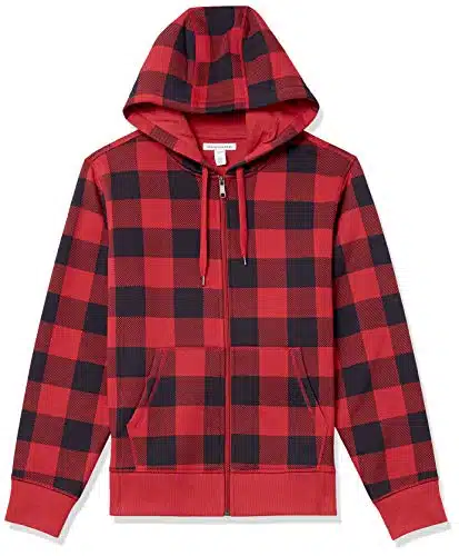 Amazon Essentials Men's Full Zip Hooded Fleece Sweatshirt (Available in Big & Tall), Black Red Buffalo Plaid, XX Large