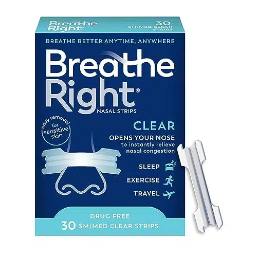 Breathe Right Original Nasal Strips Clear SmMed For Sensitive Skin Drug Free Snoring Solution & Nasal Congestion Relief Caused by Colds & Allergies ct (Packaging May Vary)