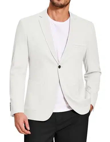 COOFANDY Men's Casual Linen Blazer Lightweight Regular Fit Sport Coat One Button Suit Jacket White