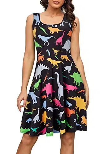 Fanient Womens Dress Cartoon Dinosaur Print Midi Dress Summer Casual Sleeveless Sundress Plus Size XXXL