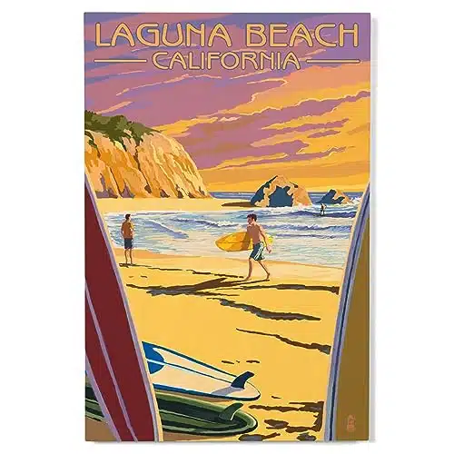 Lantern Press xInch Premium Wood Sign, Ready to Hang Wall Decor, Laguna Beach, California, Surfers at Sunset