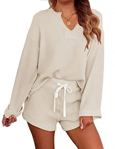 MEROKEETY Women's Long Sleeve Pajama Set Henley Knit Tops and Shorts Sleepwear Loungewear, Beige, L