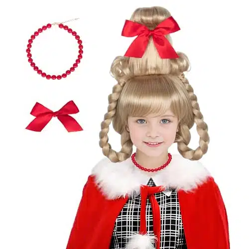 Miss U Hair Christmas Girl Wig Long Blonde Braid Who Wig for Kids Children with Red Necklace and Ribbon Bow