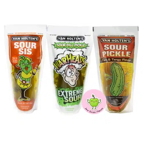 Jumbo Sour Pickle Variety Gift Pack  Warheads Extreme Sour Dill Pickle, Sour Sis, Jumbo Sour Pickle  with June Street Market Kawaii Sticker (style may vary)