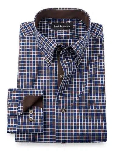 Paul Fredrick Men's Classic Fit Non Iron Cotton Check Dress Shirt NavyBrown DHTB