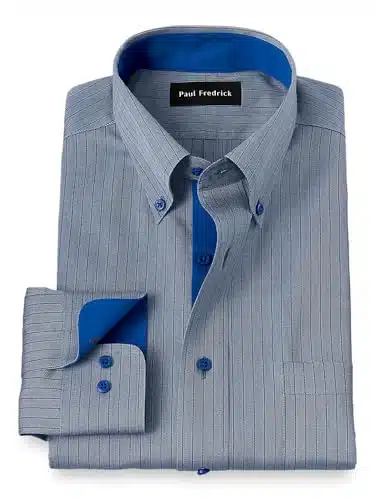 Paul Fredrick Men's Classic Fit Non Iron Cotton Stripe Dress Shirt Blue DHTB