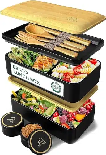 Umami Bento Box Adult with Bamboo Lid, Utensils & Sauce Jars   Leakproof, Microwave & Dishwasher Safe Lunch Container