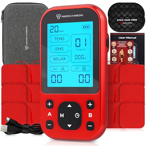 TENS Unit Muscle Stimulator Pro for Back Pain Relief, Shoulder Recovery and Physical Therapy, Electronic EMS Massager Machine with PMS Pulse for Effective Shock Therapy, Red
